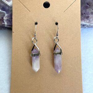 Sterling Silver 925 Double Terminated Point Amethyst Dangle Drop Earrings
